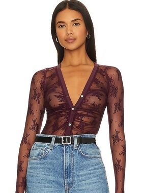 Free People Plum Sheer Lace Button-Front Bodysuit